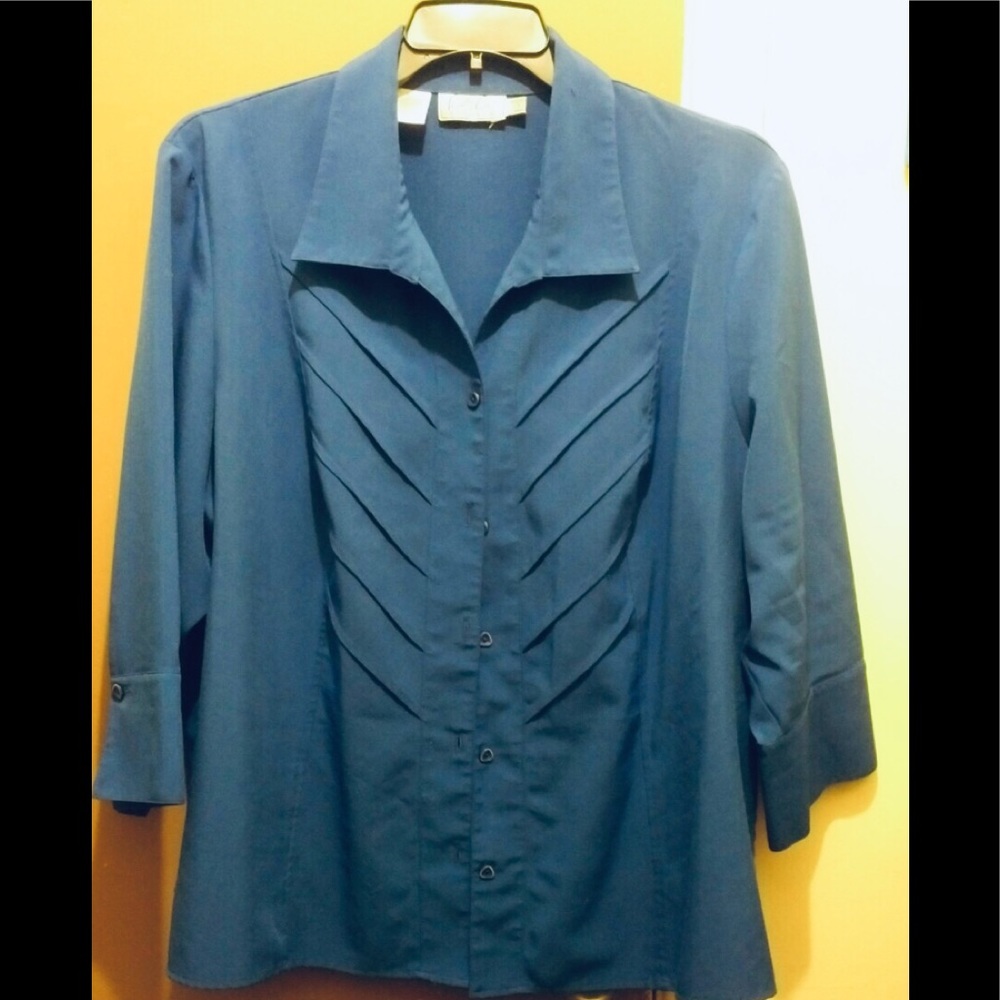 Blue button down blouse with pleats